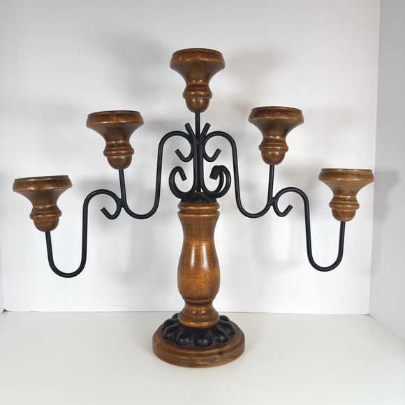 Other - Vintage Wood Metal Candelabra 5 Candle Holder Tabletop Decor Accent castlecore‎